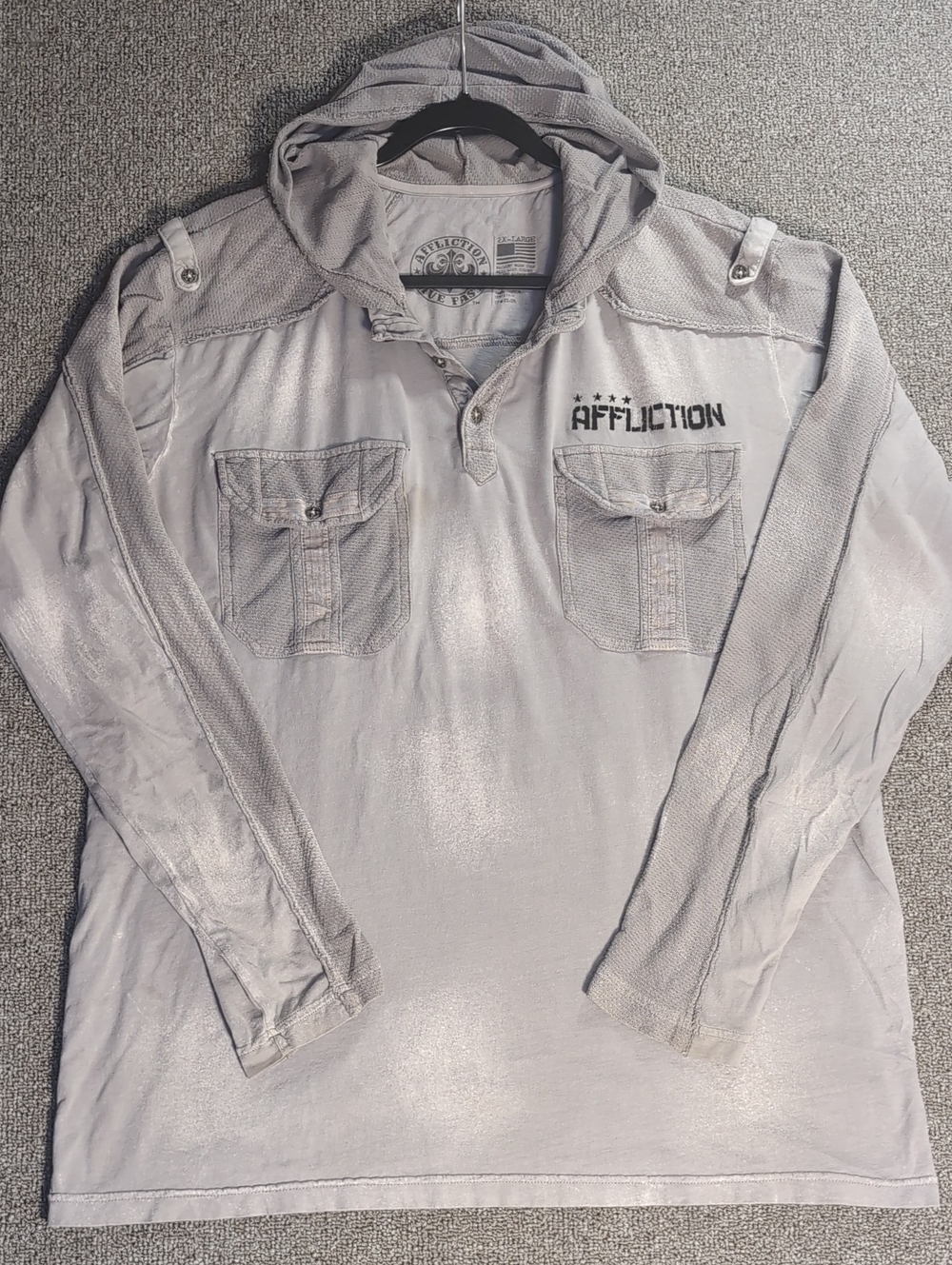 Affliction Live Fast Henley Hoodie Size 2XL Distressed Gray Y2K Grunge